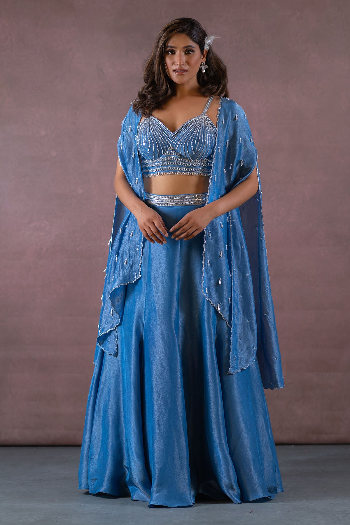 COBALT BLUE LONG SHRUG JACKET AND LEHENGA SET