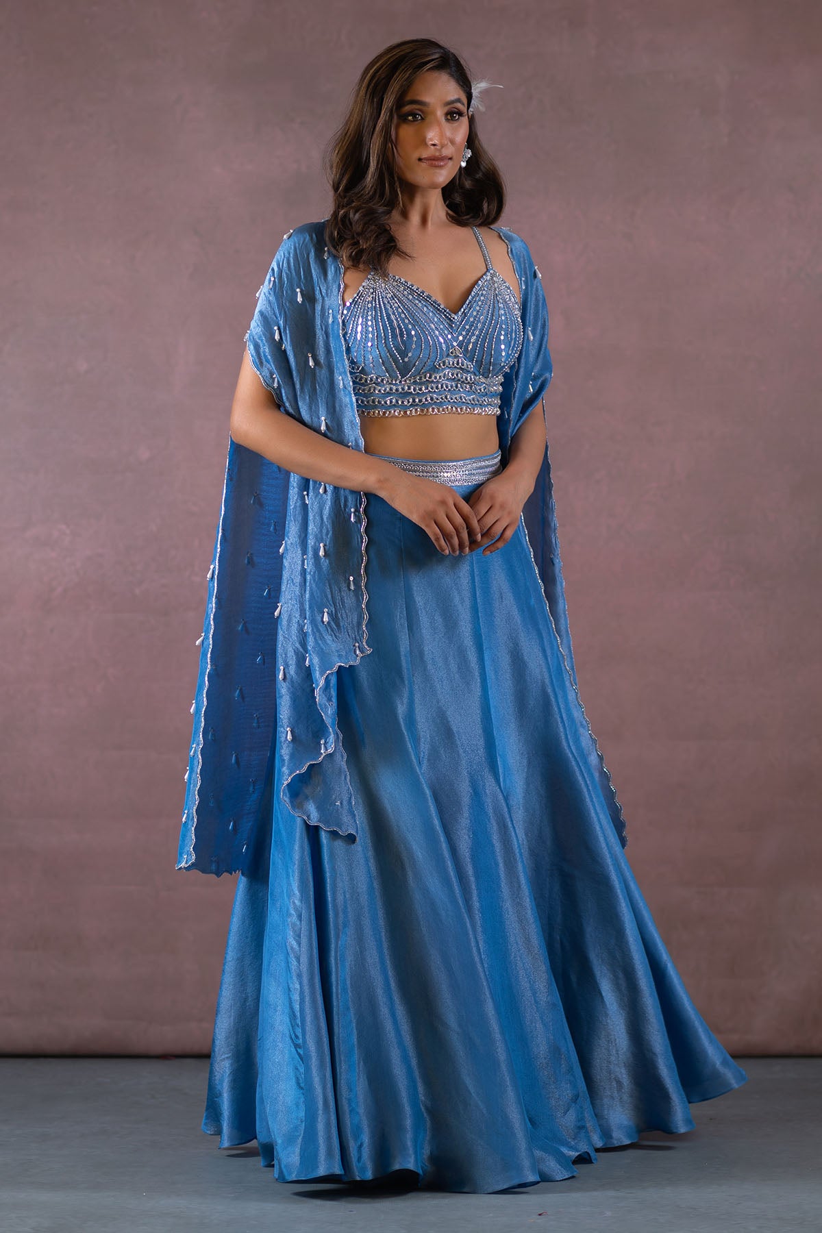 COBALT BLUE LONG SHRUG JACKET AND LEHENGA SET