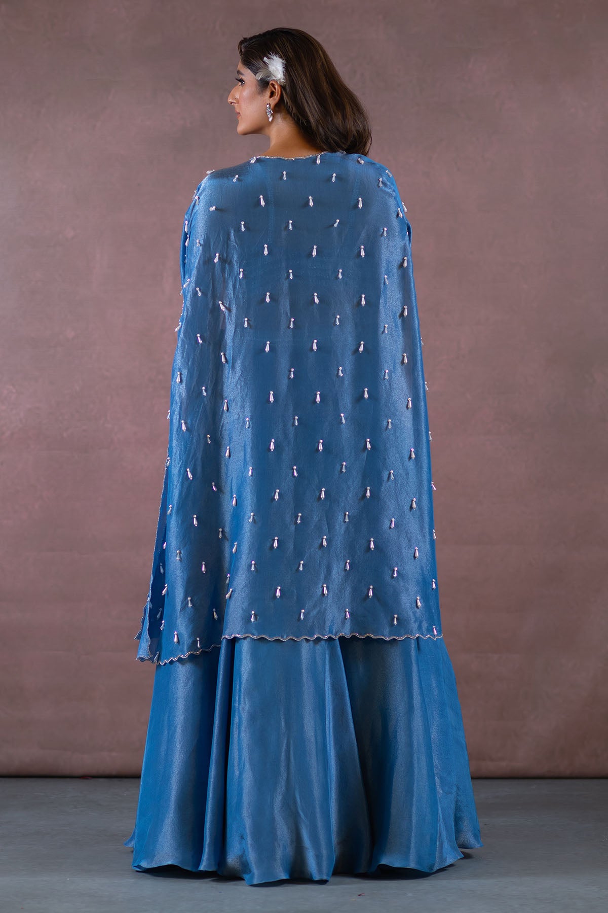 COBALT BLUE LONG SHRUG JACKET AND LEHENGA SET