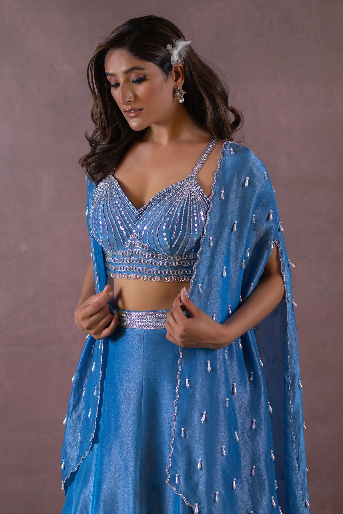 COBALT BLUE LONG SHRUG JACKET AND LEHENGA SET