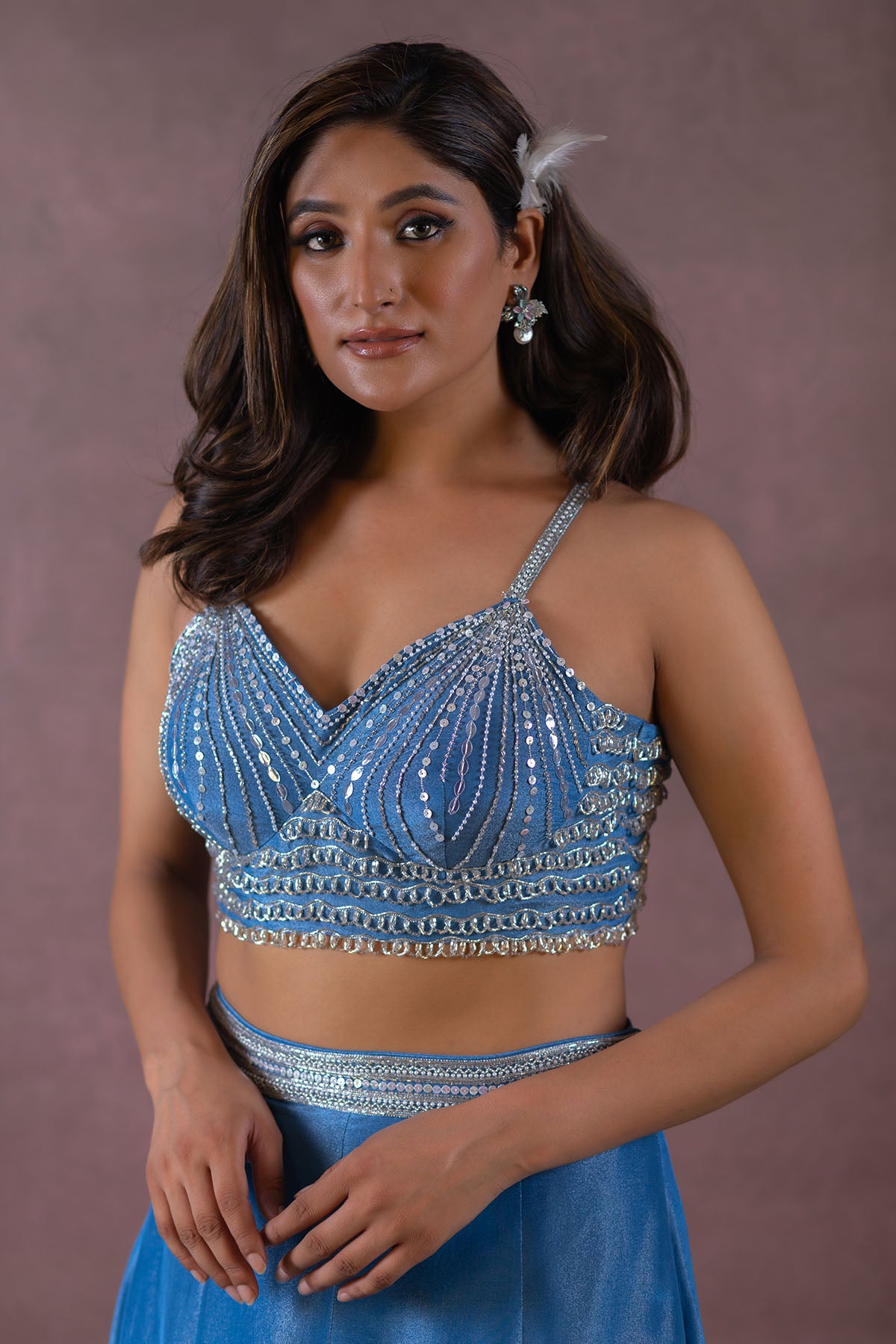 COBALT BLUE LONG SHRUG JACKET AND LEHENGA SET