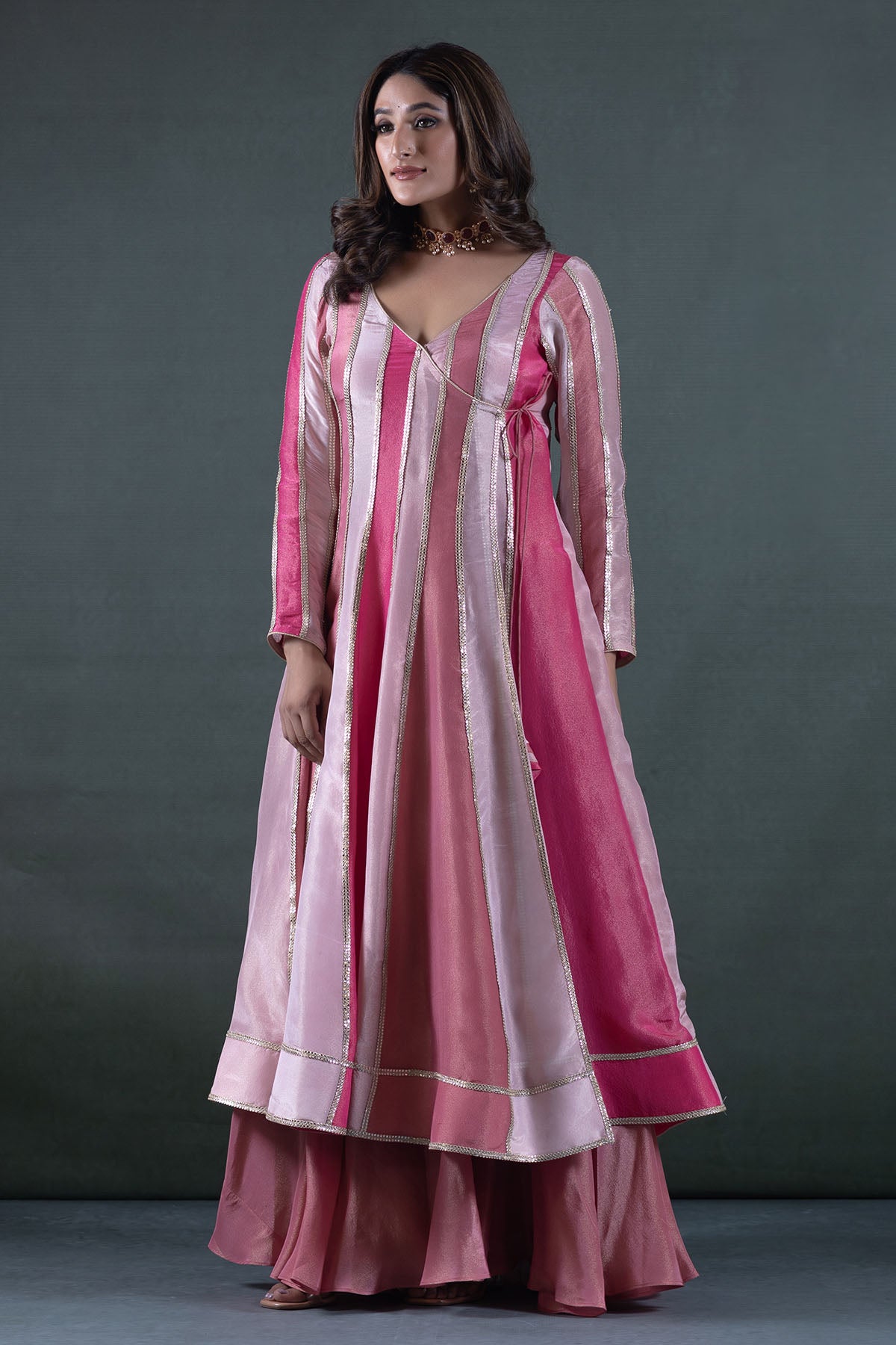 HOT PINK ANGRAKHA LONG TOP AND LEHENGA SET