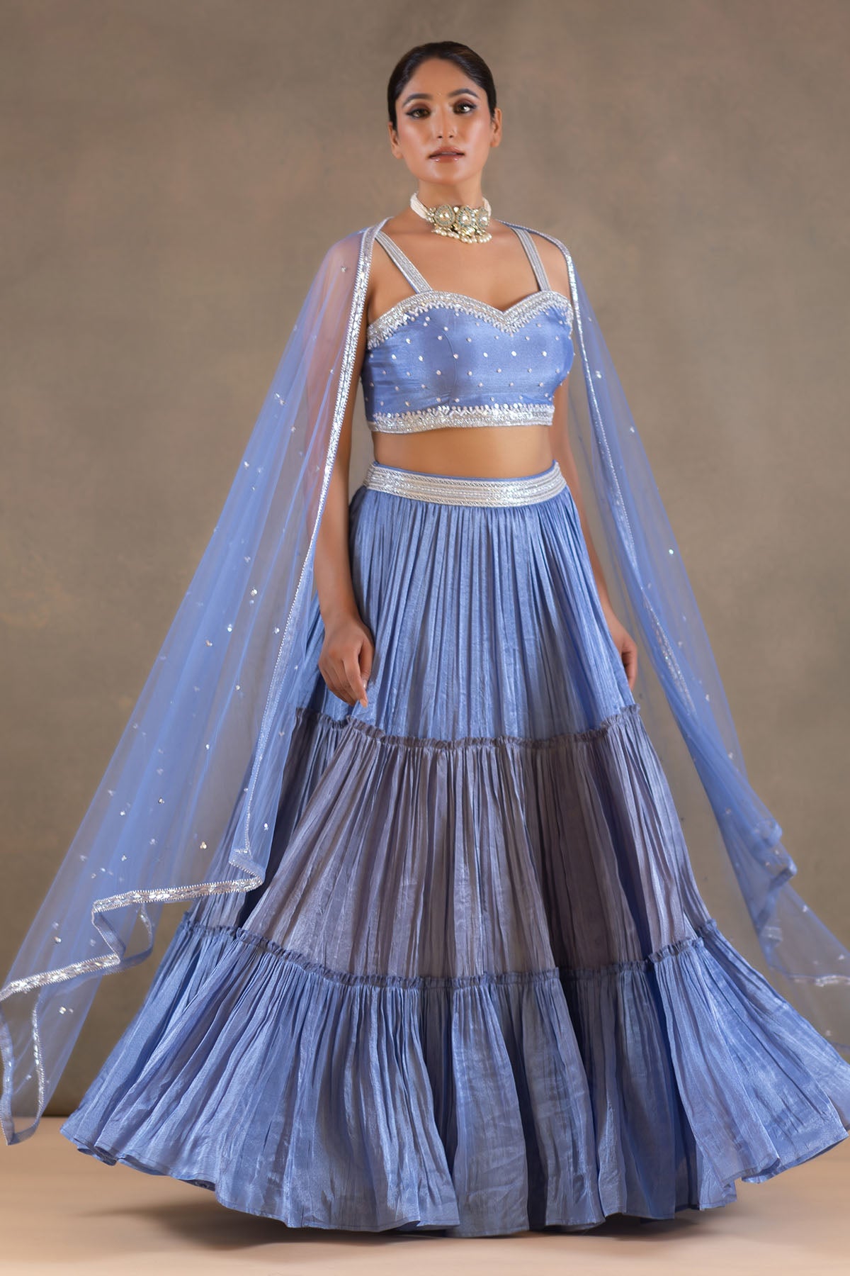 POWDER BLUE LAYERED LEHENGA SET