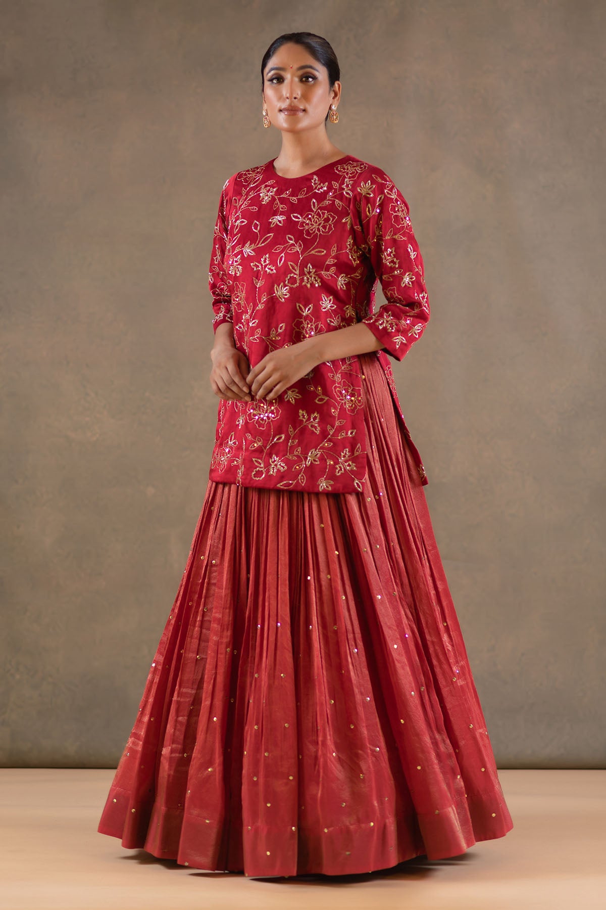 RED SHORT KURTA LEHENGA SET