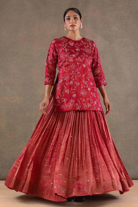 RED SHORT KURTA LEHENGA SET