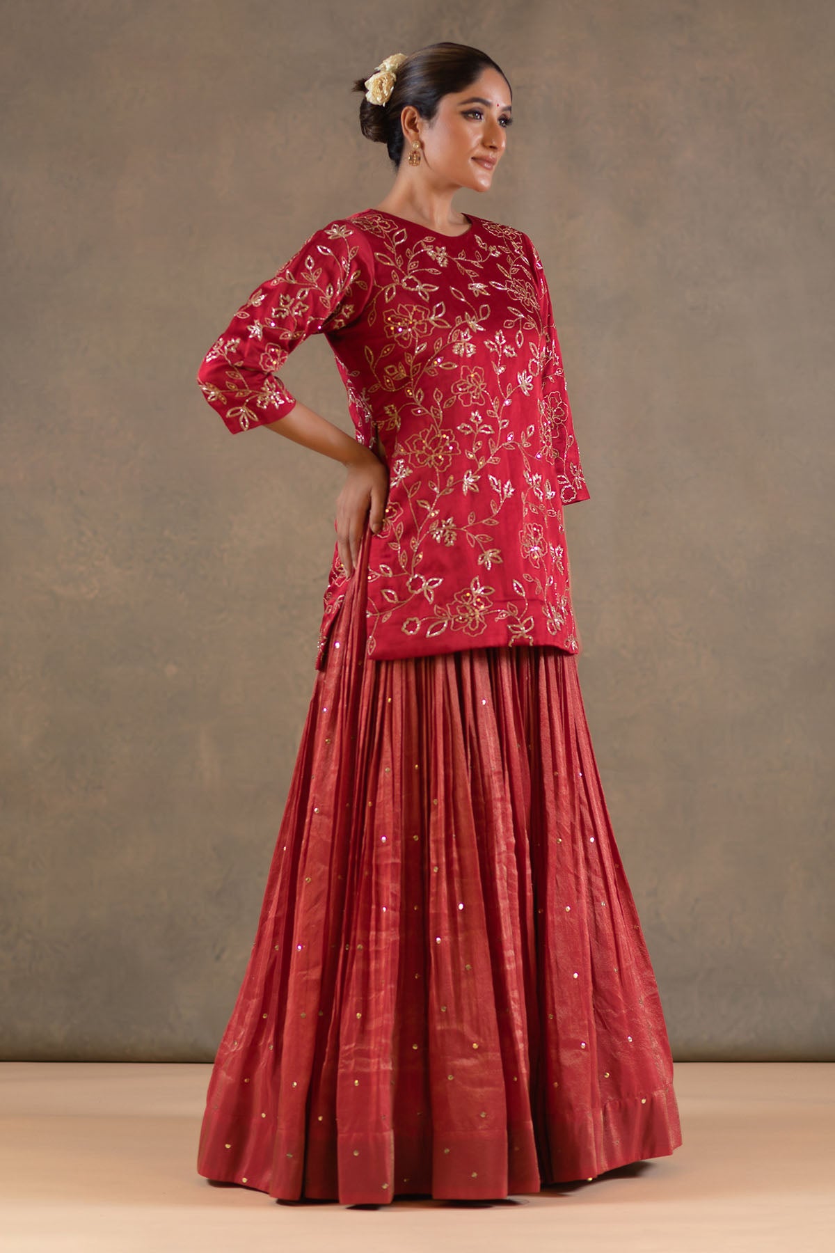 RED SHORT KURTA LEHENGA SET