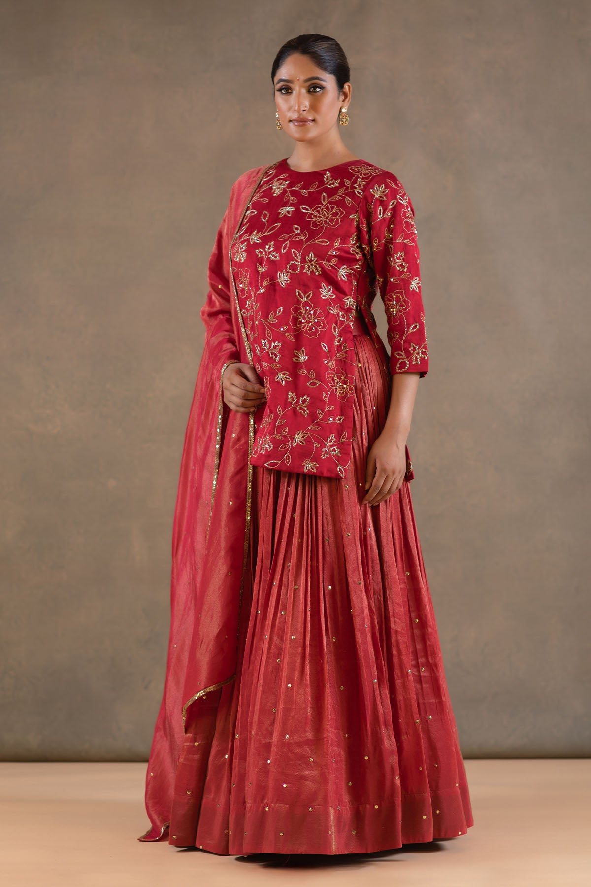 RED SHORT KURTA LEHENGA SET