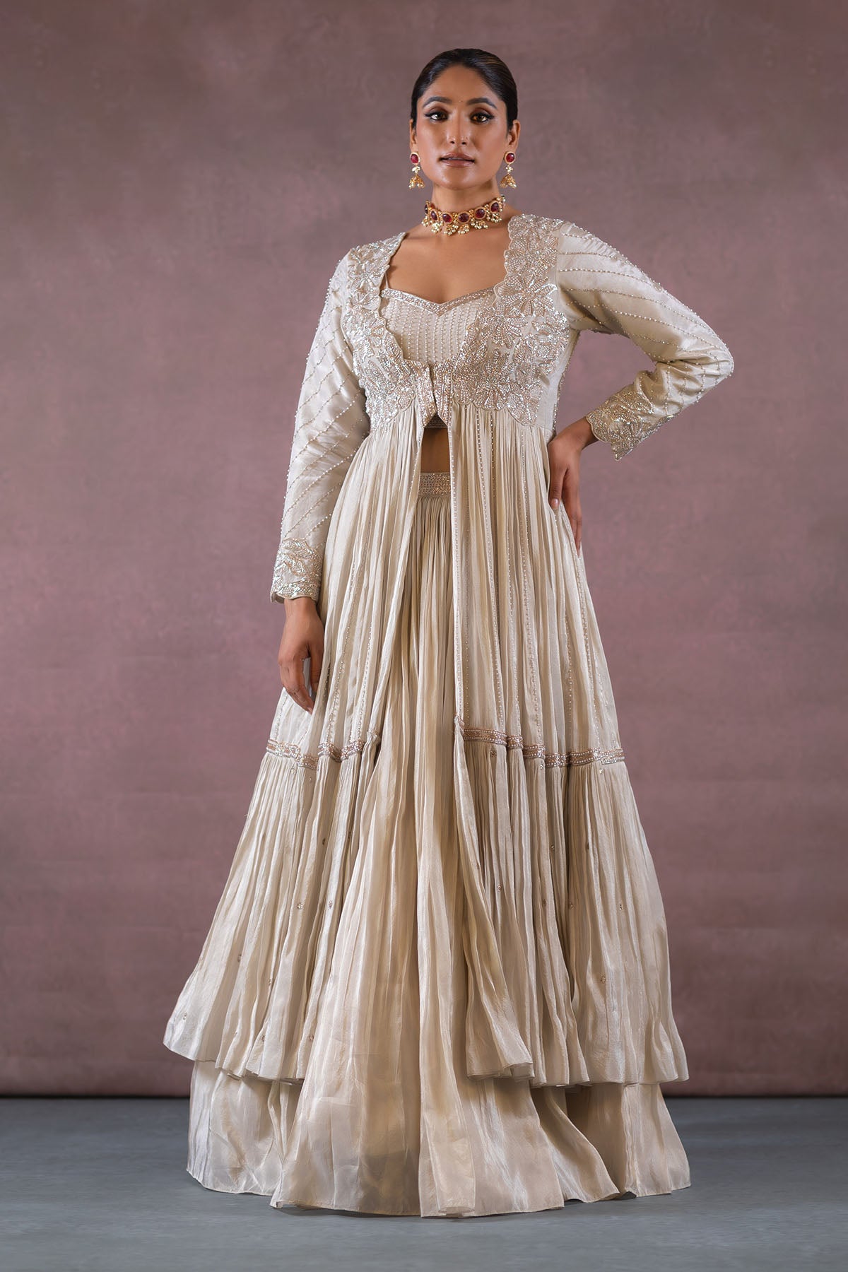 IVORY LONG JACKET AND LEHENGA SET