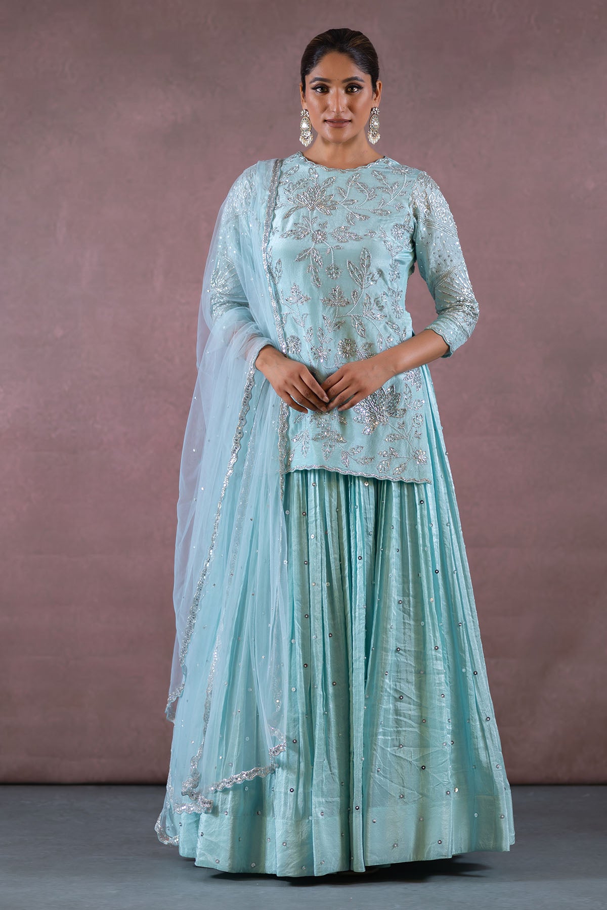 SKY BLUE SHORT KURTA LEHENGA SET