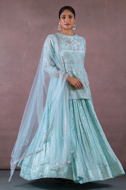 SKY BLUE SHORT KURTA LEHENGA SET