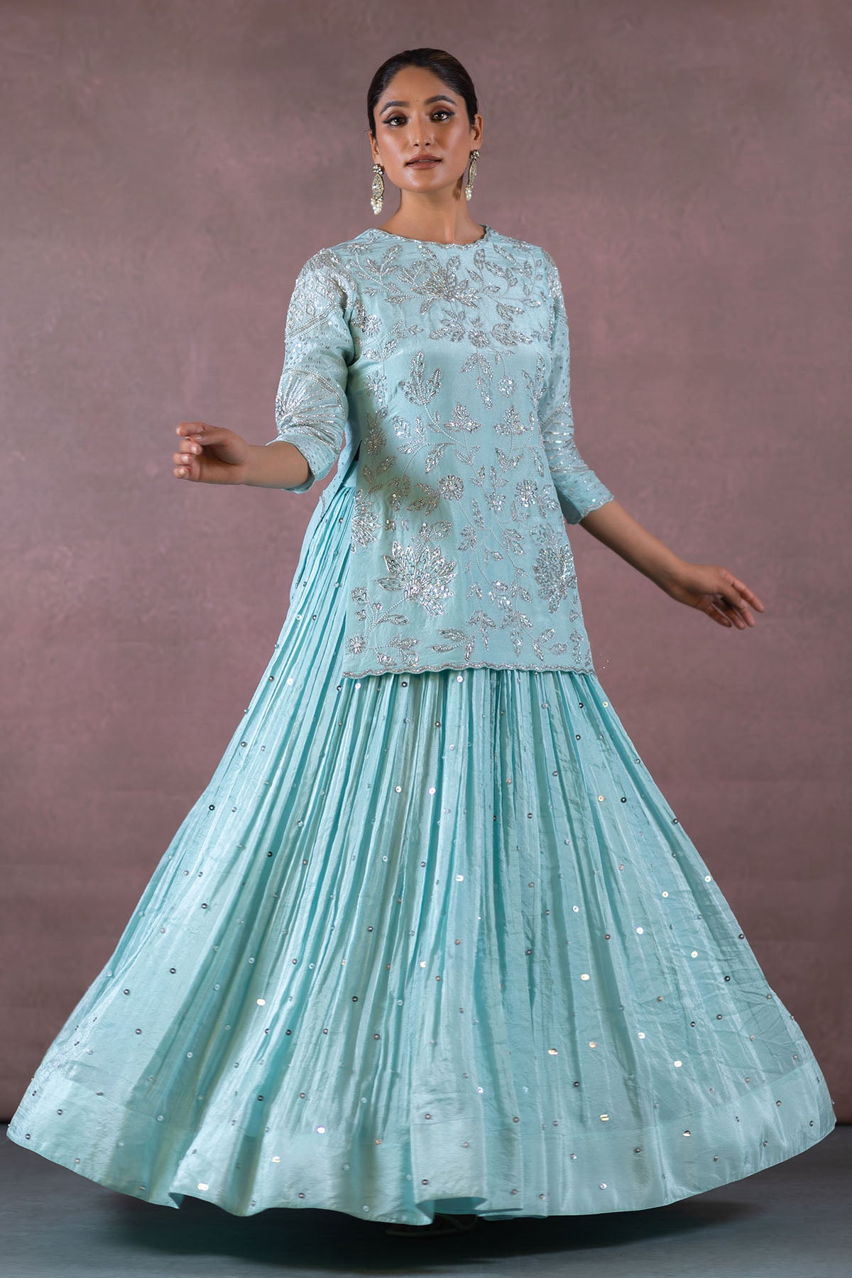 SKY BLUE SHORT KURTA LEHENGA SET